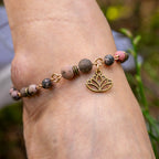Rhodonite Anklet with Lotus Charm in Bronze