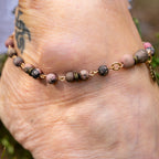 Rhodonite Anklet with Lotus Charm in Bronze