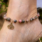Rhodonite Anklet with Lotus Charm in Bronze