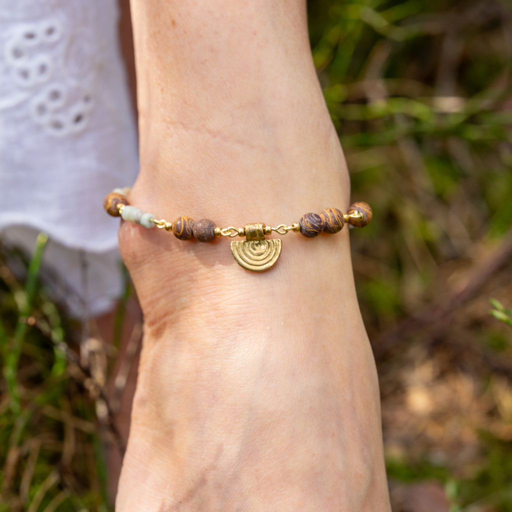 Elephant Skin Jasper & Amazonite Anklet in Brass with Charm