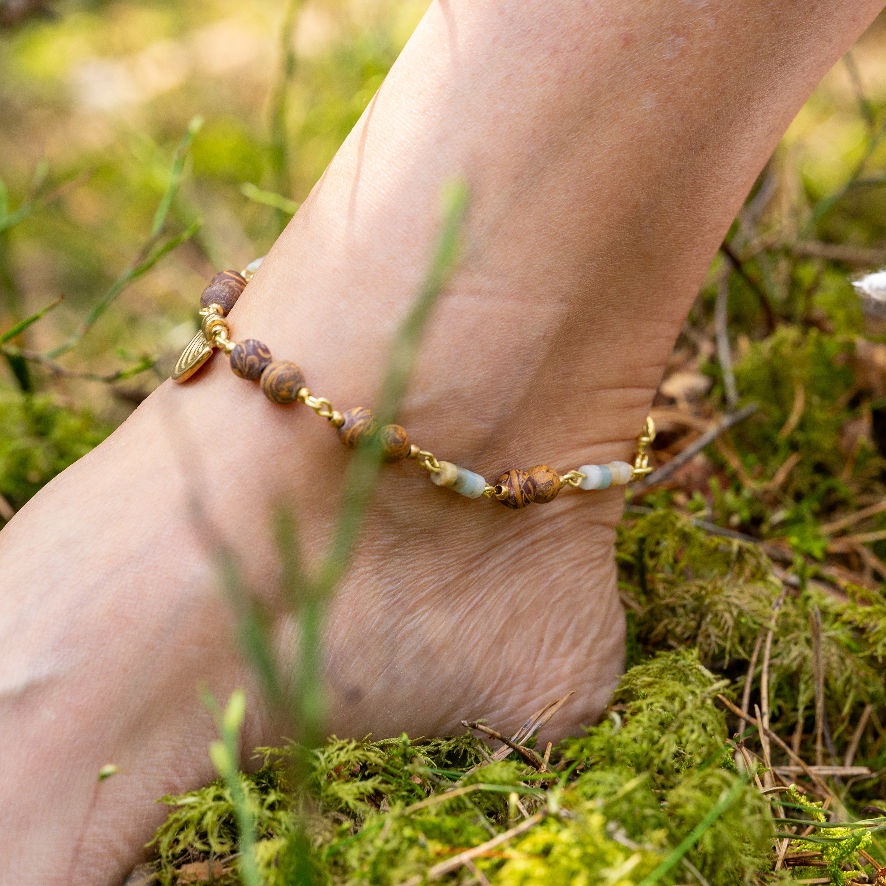 Elephant Skin Jasper & Amazonite Anklet in Brass with Charm