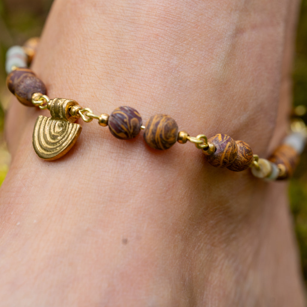 Elephant Skin Jasper & Amazonite Anklet in Brass with Charm