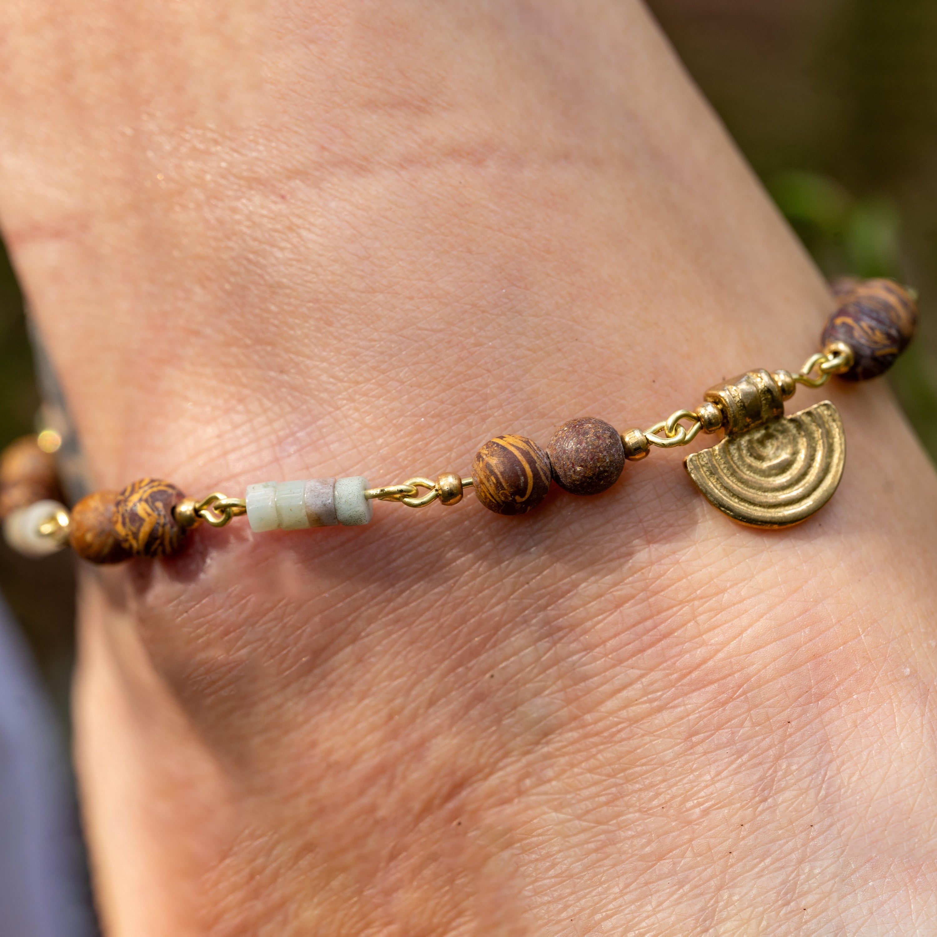 Elephant Skin Jasper & Amazonite Anklet in Brass with Charm