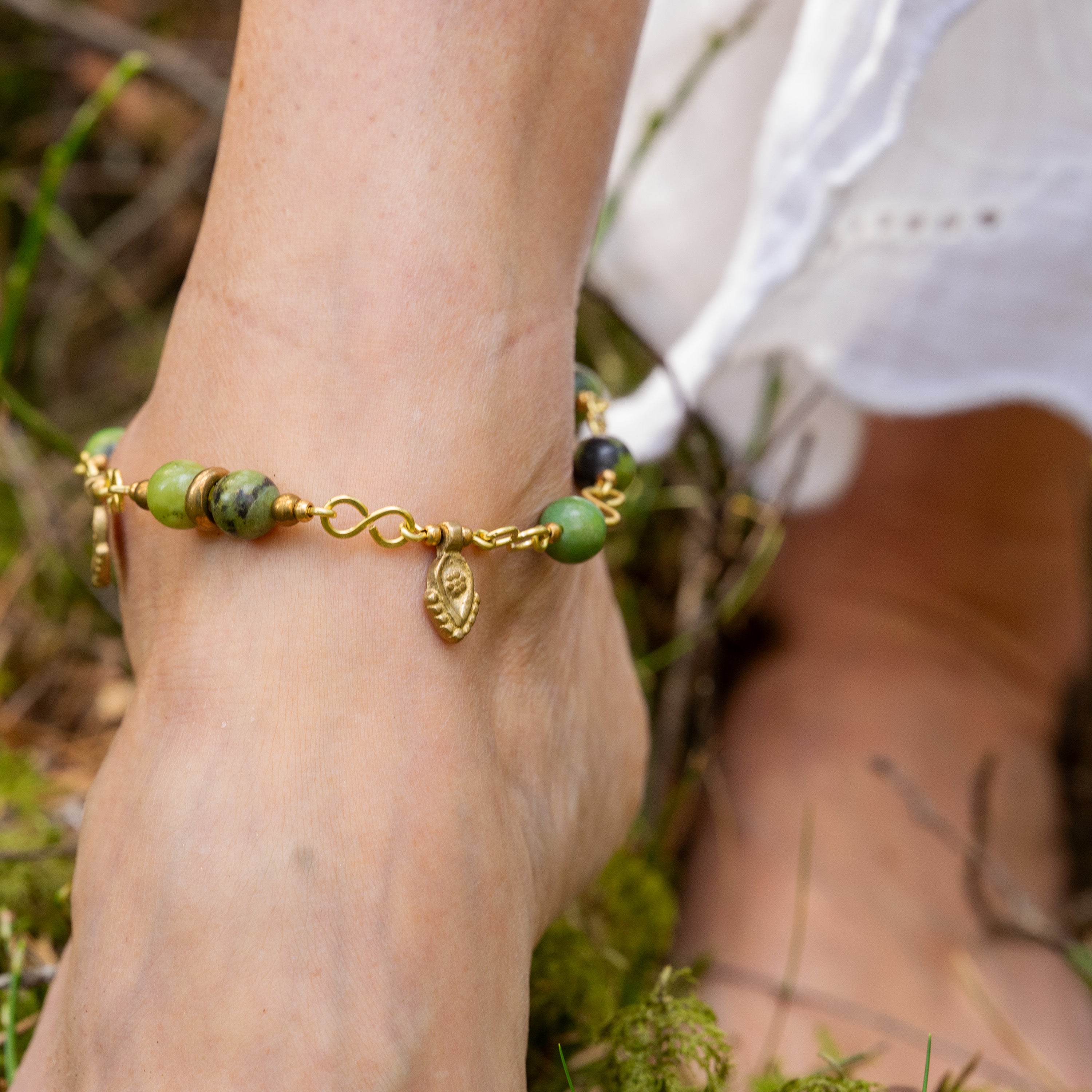 Chrysoprase Anklet in Brass with Charm