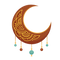 Decorative crescent moon with gold patterns and colorful hanging elements on a white background
