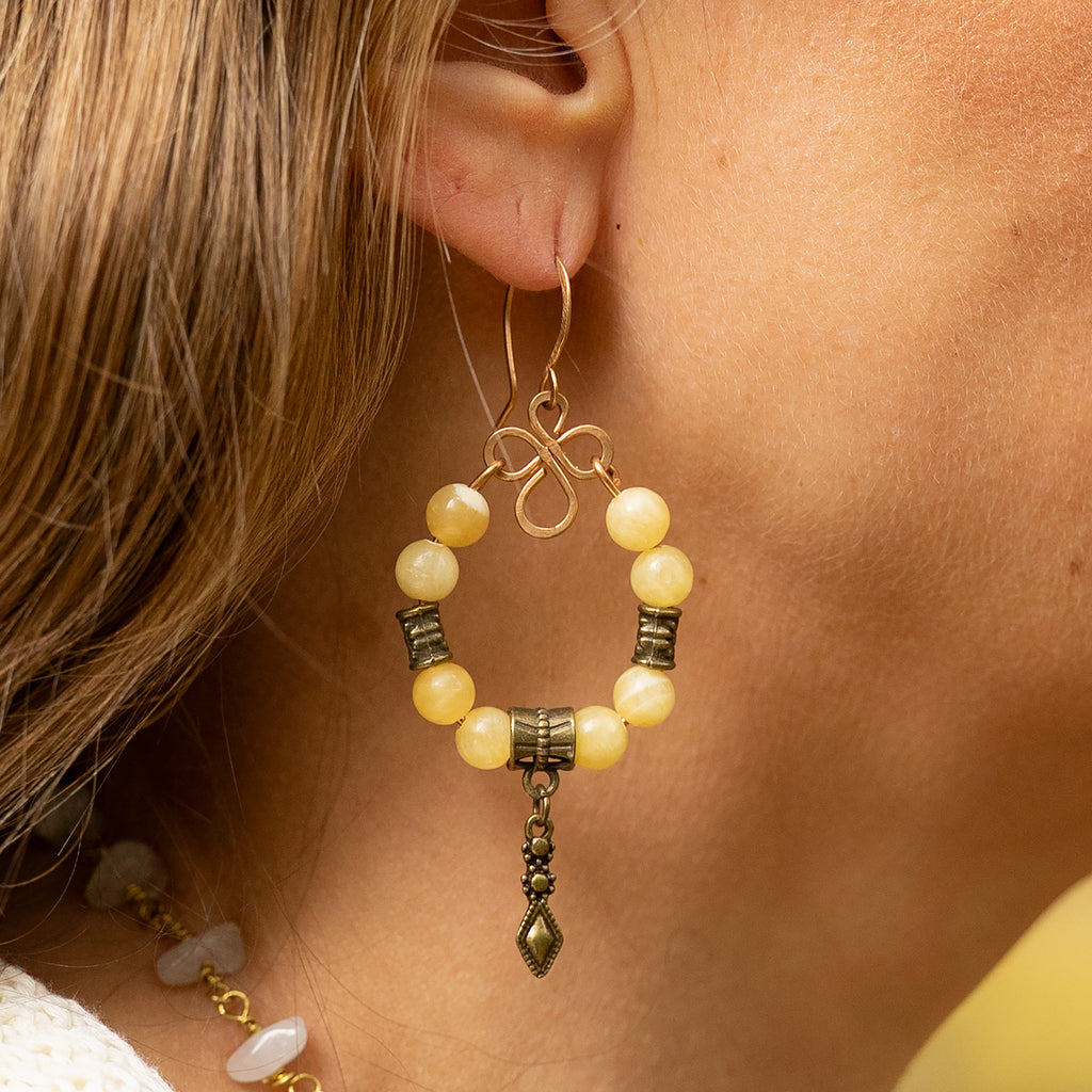 Yellow Calcite Charm Earrings in Bronze