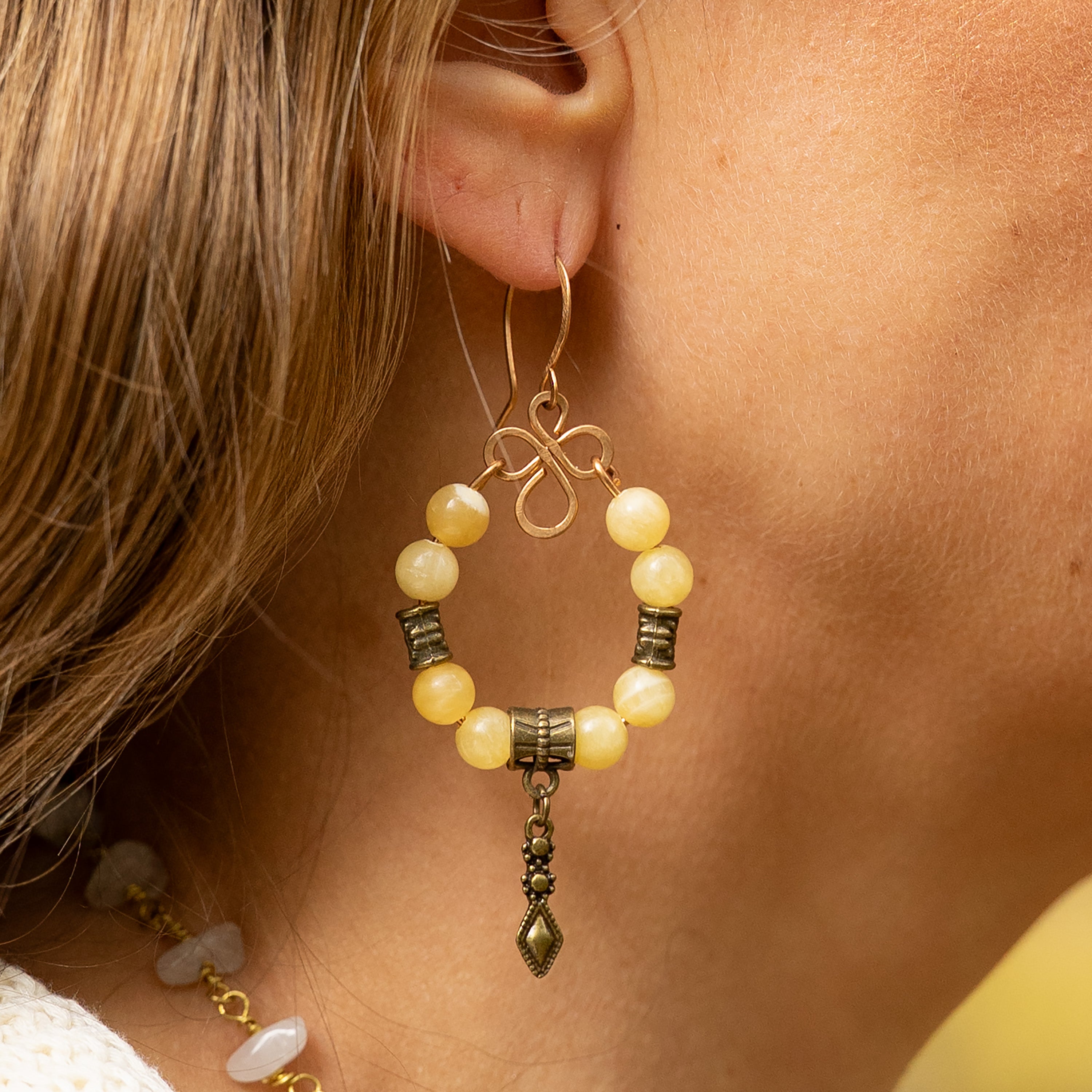 Yellow Calcite Charm Earrings in Bronze