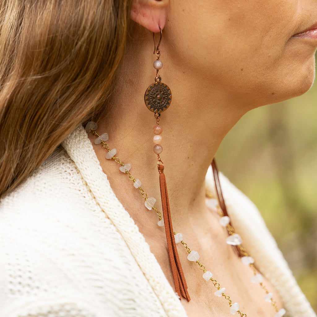 Orange Moonstone Fringe Earrings in Copper