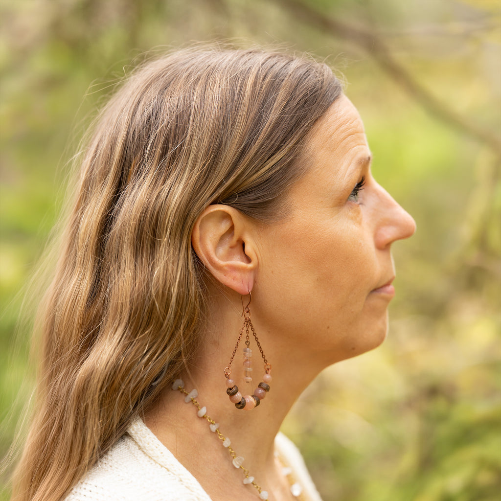 Orange Moonstone with Chain Earrings in Copper