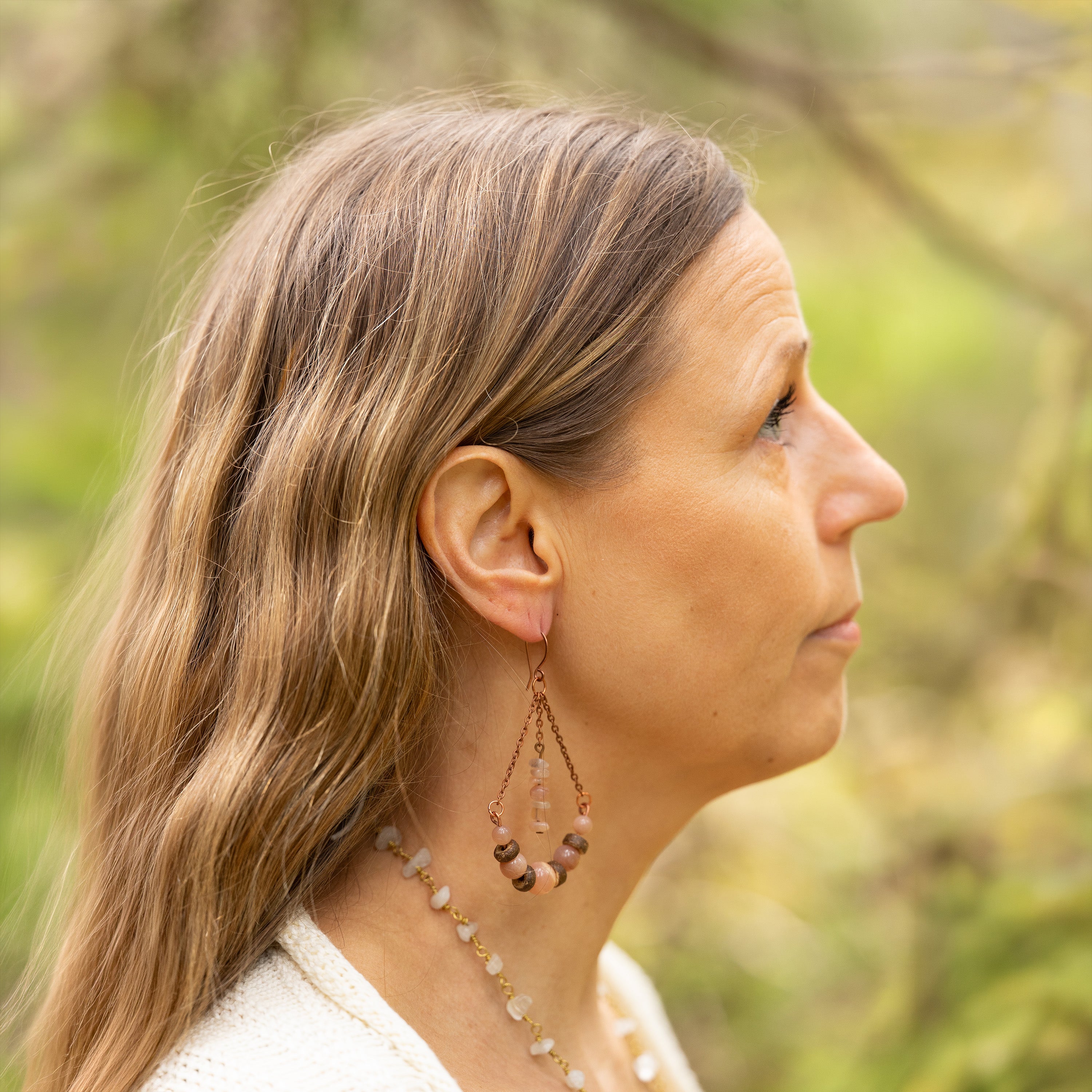 Orange Moonstone with Chain Earrings in Copper