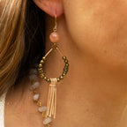 Orange Moonstone with Leather Fringe Earrings in Bronze