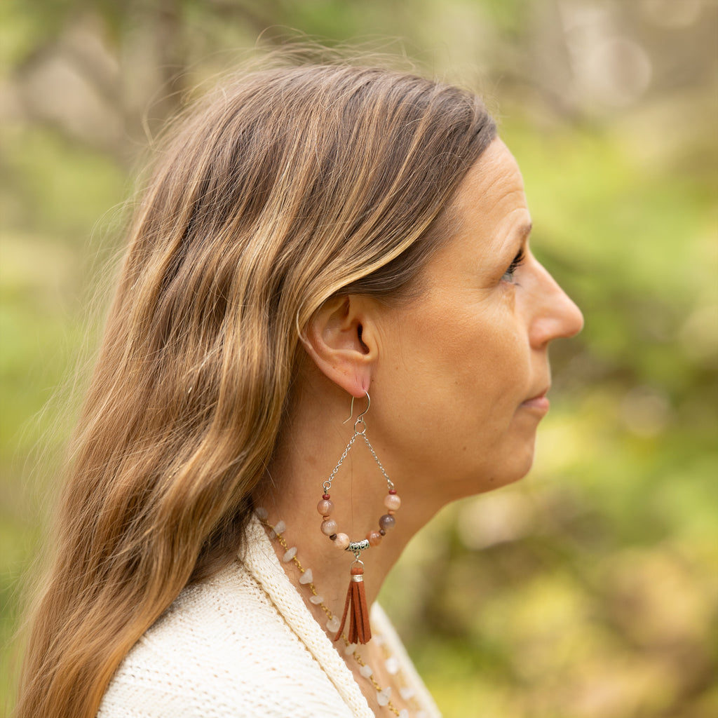 Orange Moonstone Tassel Earrings in Stainless Steel