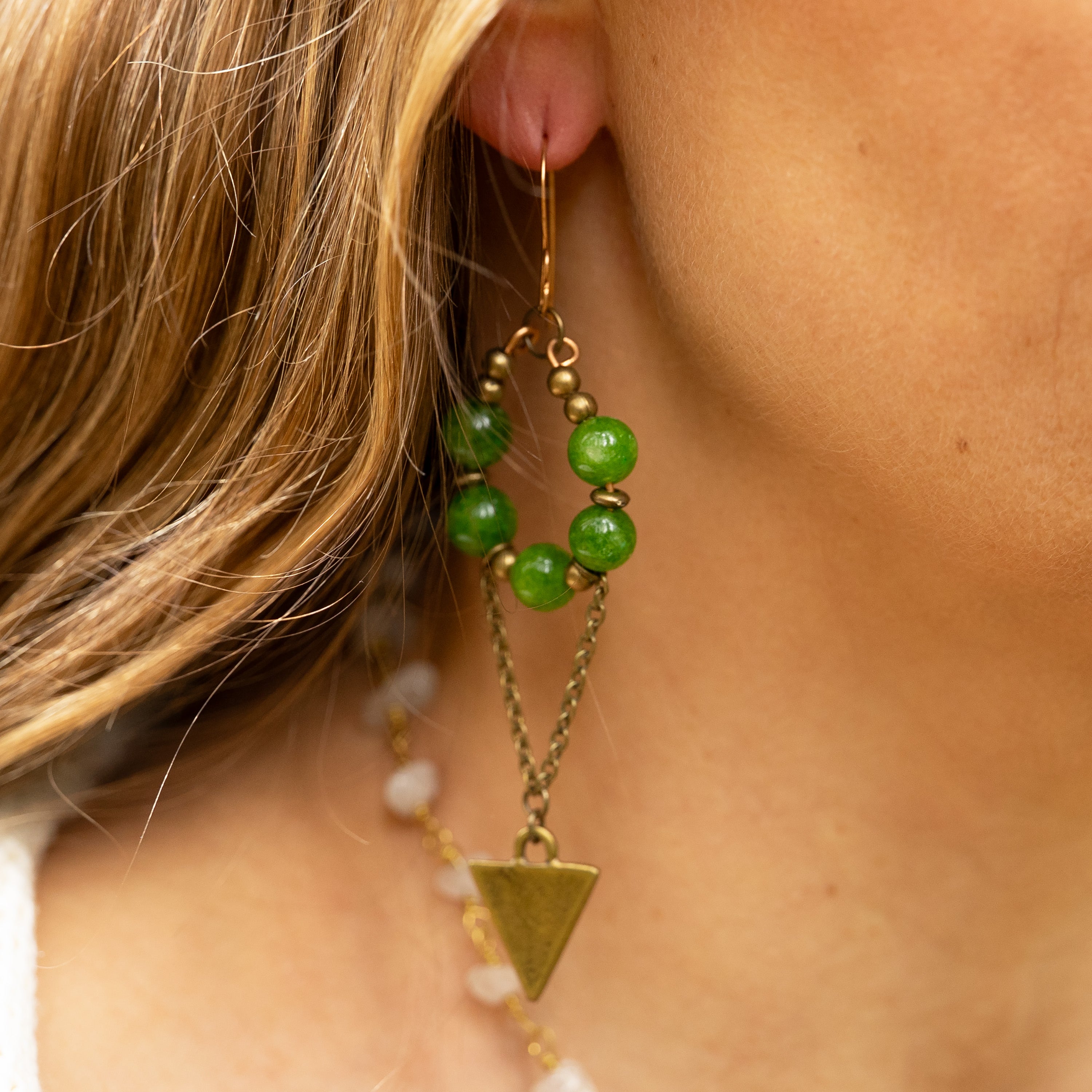 Peridot Dangle Earrings with Triangle Charm in Bronze