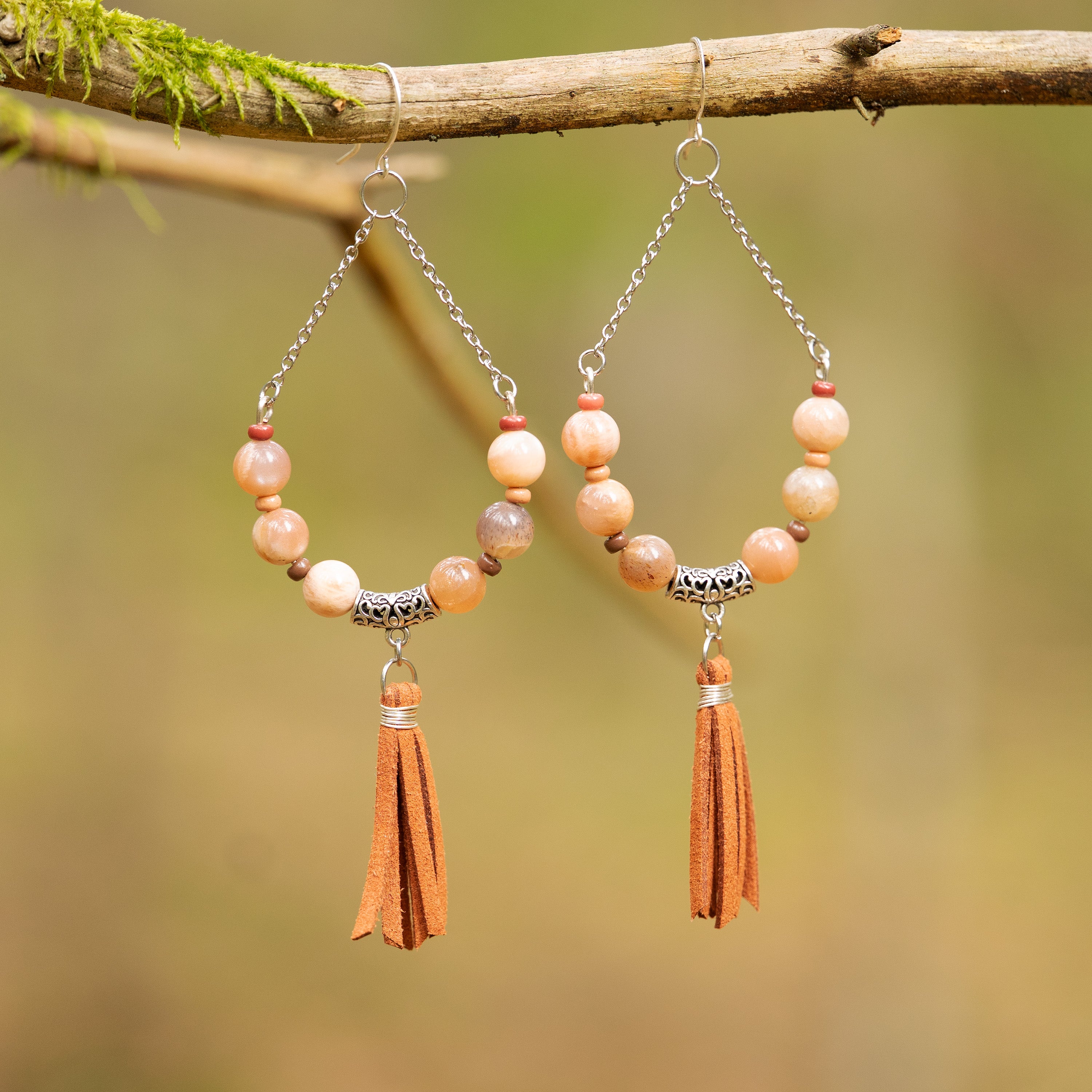Orange Moonstone Tassel Earrings in Stainless Steel