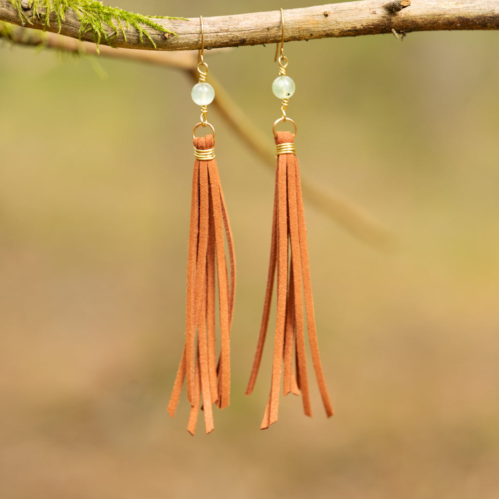 Prehnite Tassel Earrings in Brass and Suede