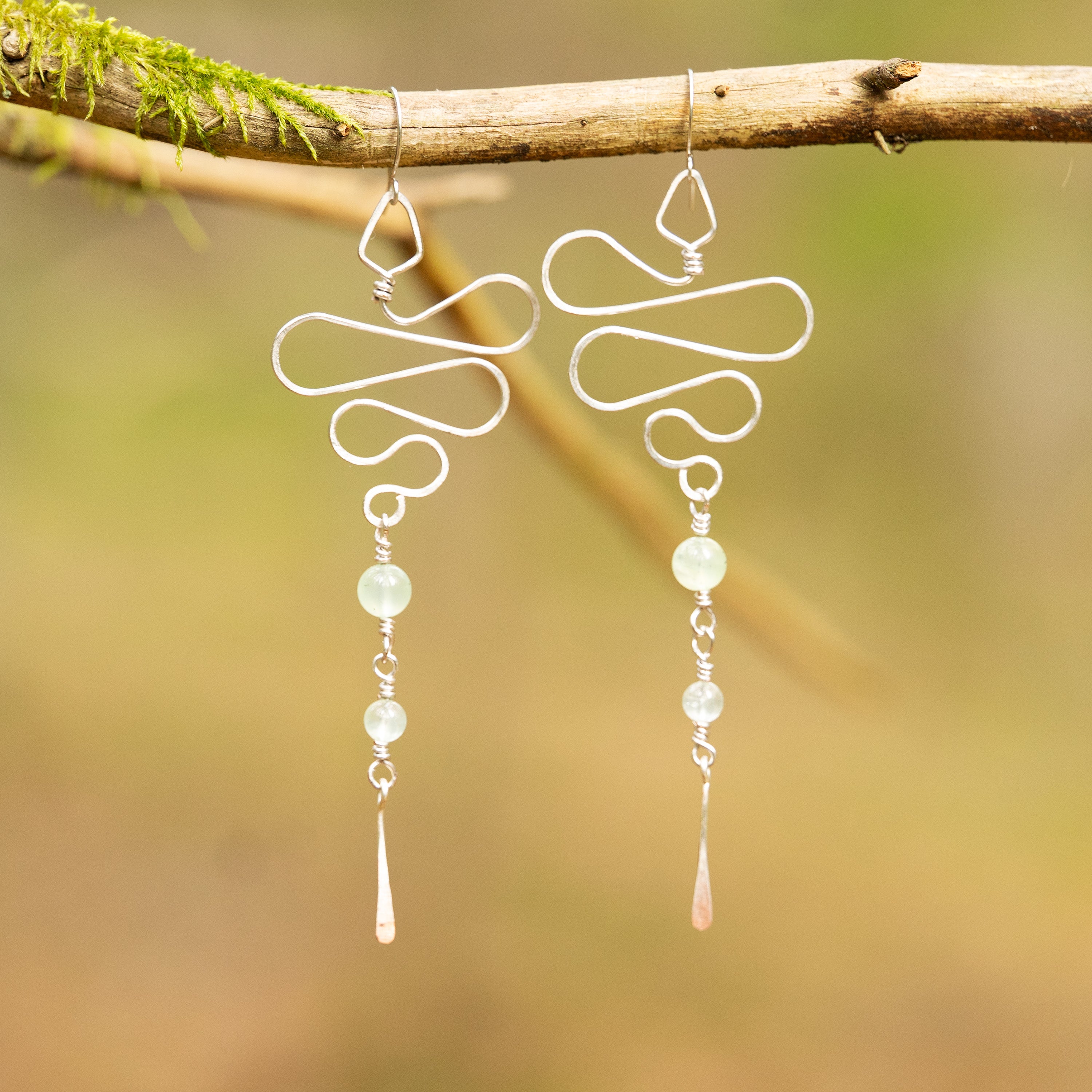 Prehnite Snake Flow Earrings in Stainless Steel