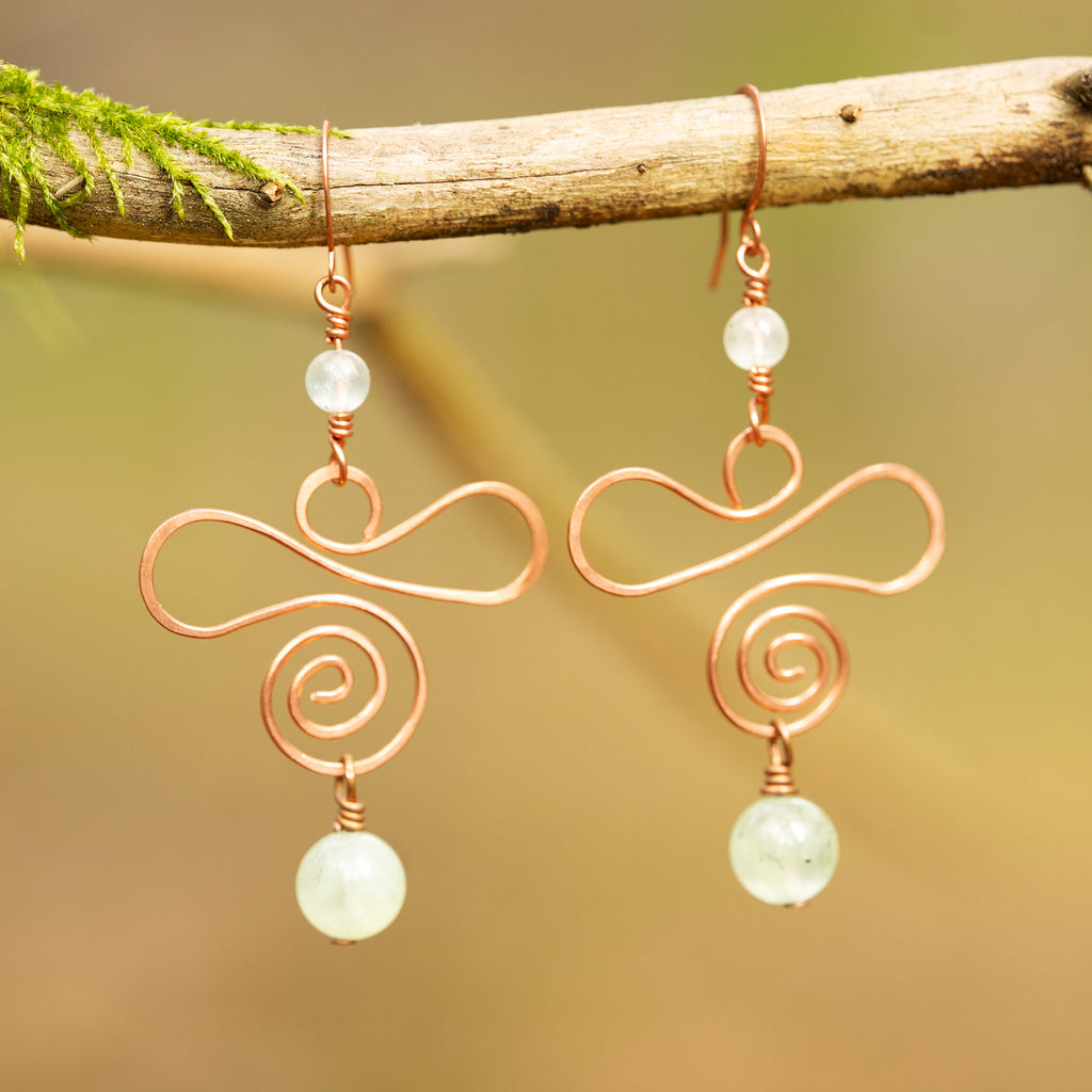 Prehnite Spiral Earrings in Copper