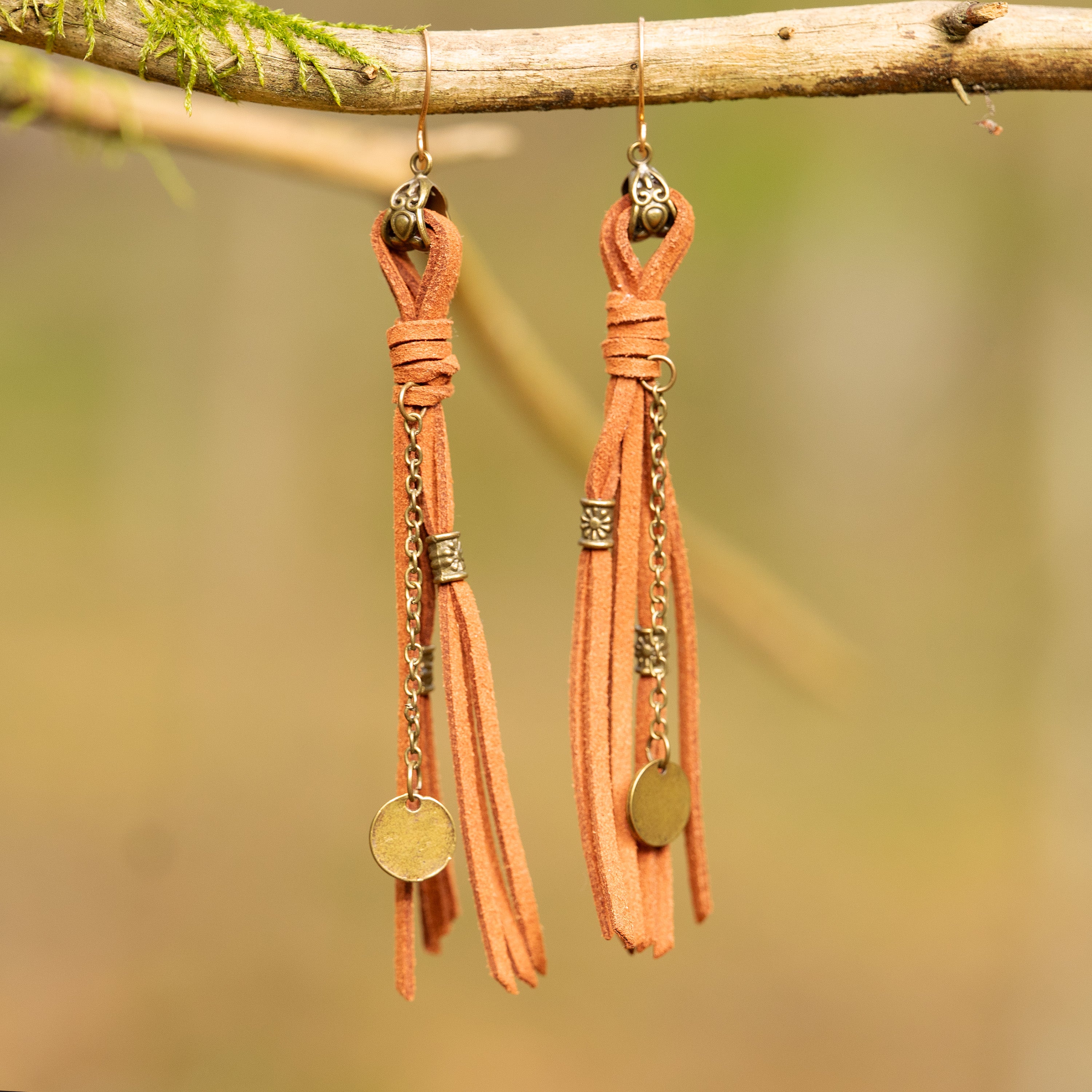 Suede Leather Tassel Earrings in Bronze
