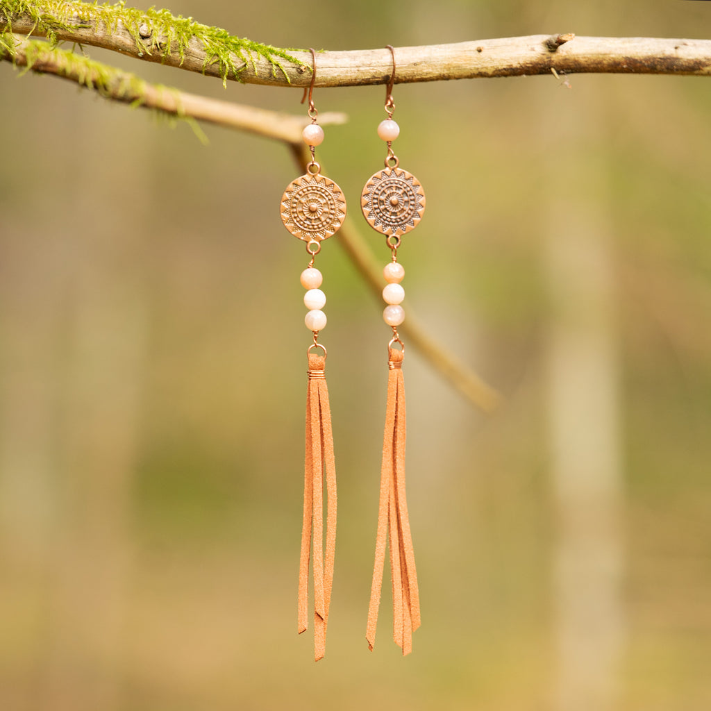 Orange Moonstone Fringe Earrings in Copper