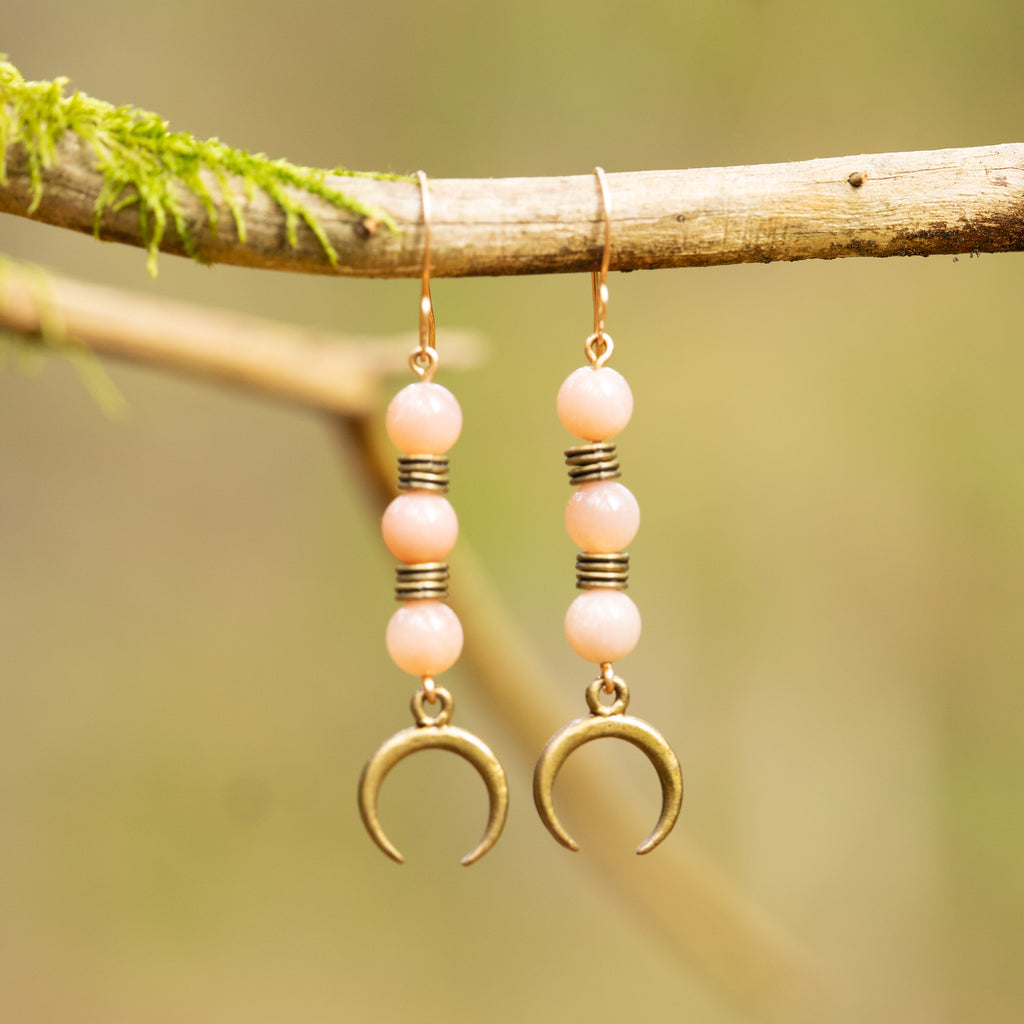Orange Moonstone with Moon Charm Earrings in Bronze
