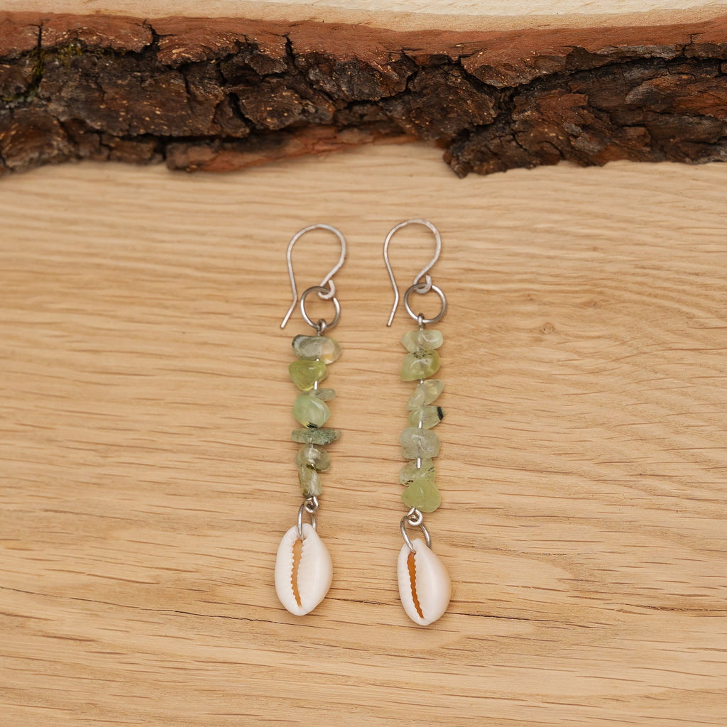 Prehnite and Shell Earrings in Stainless Steel
