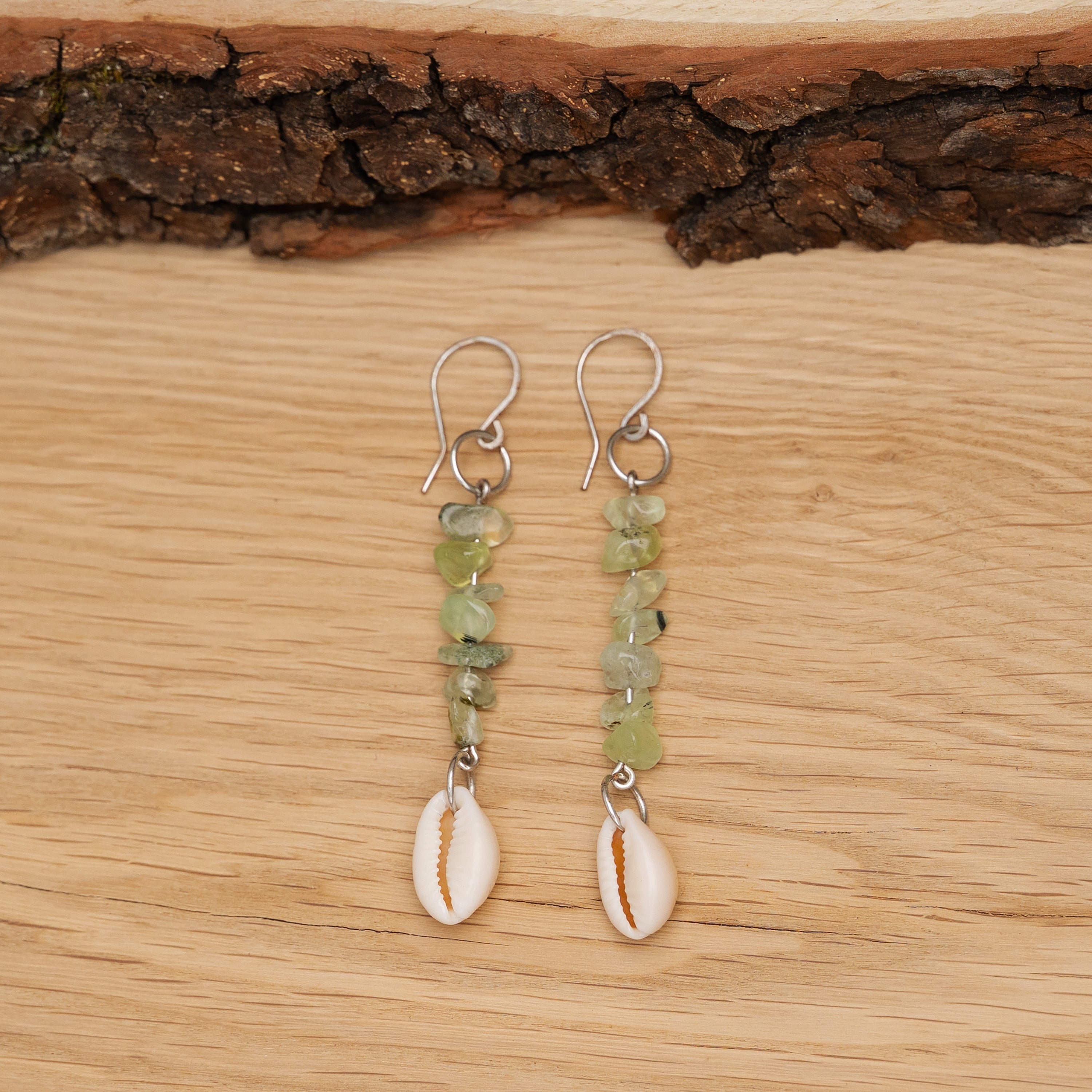 Prehnite and Shell Earrings in Stainless Steel