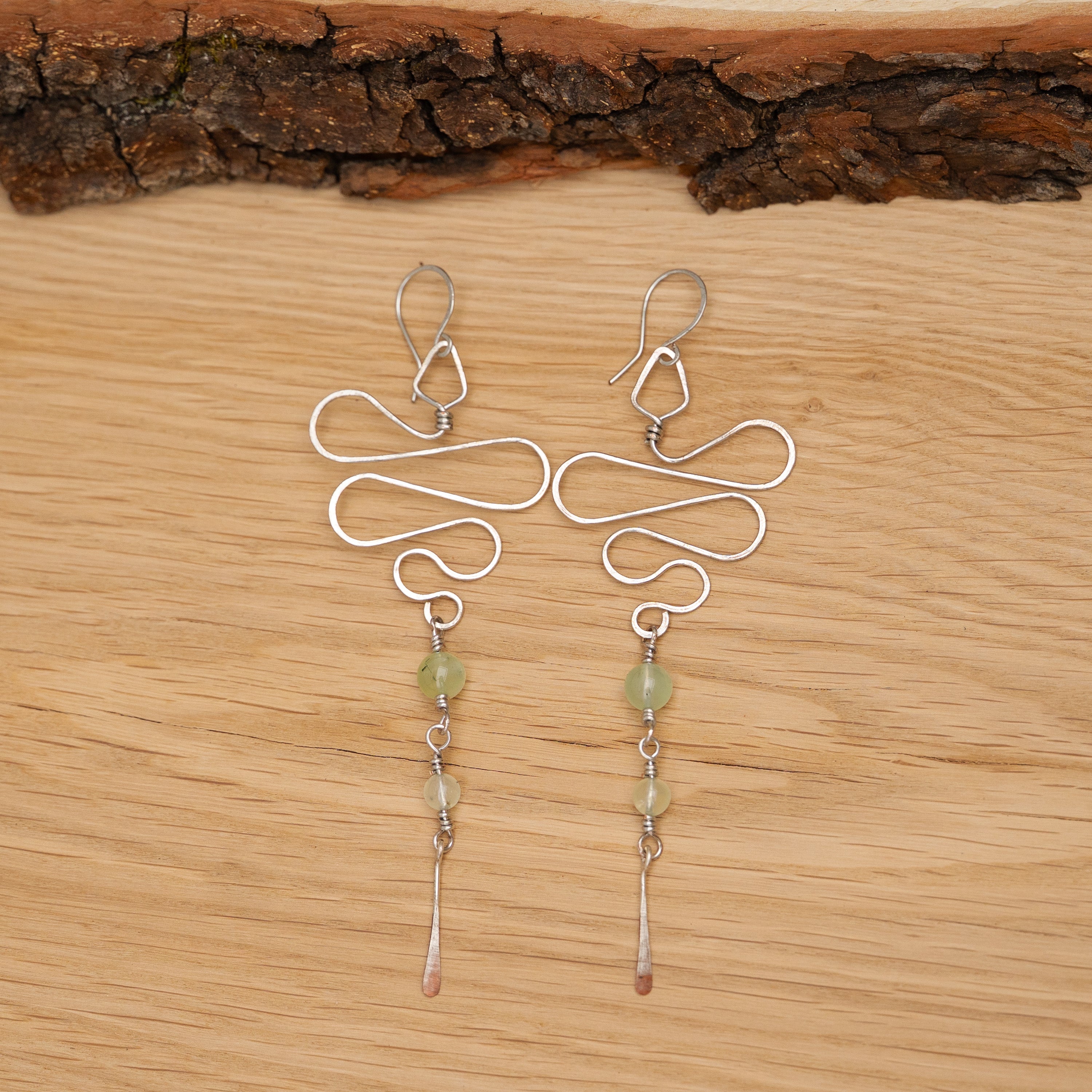 Prehnite Snake Flow Earrings in Stainless Steel