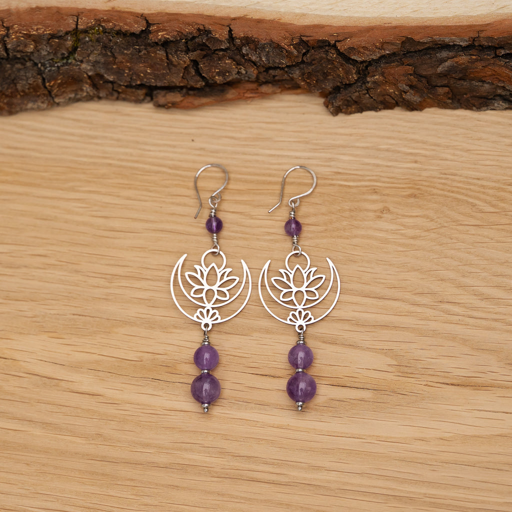 Amethyst Lotus Earrings in Stainless Steel