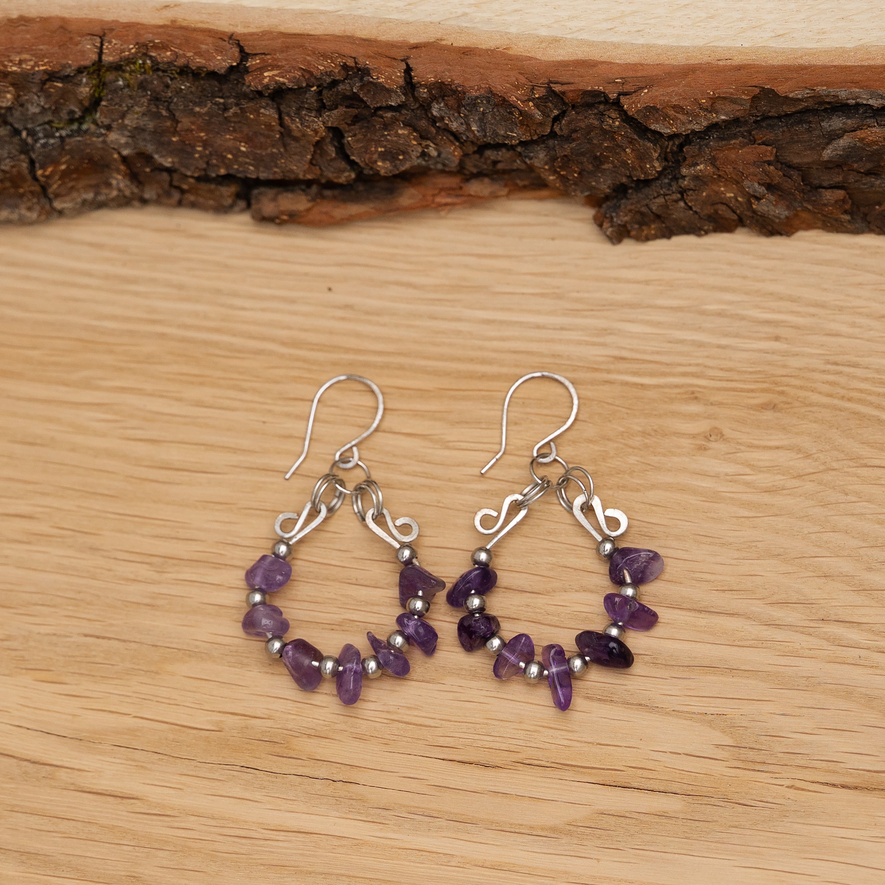 Amethyst Hoop Earrings in Stainless Steel