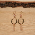 Orange Moonstone with Leather Fringe Earrings in Bronze