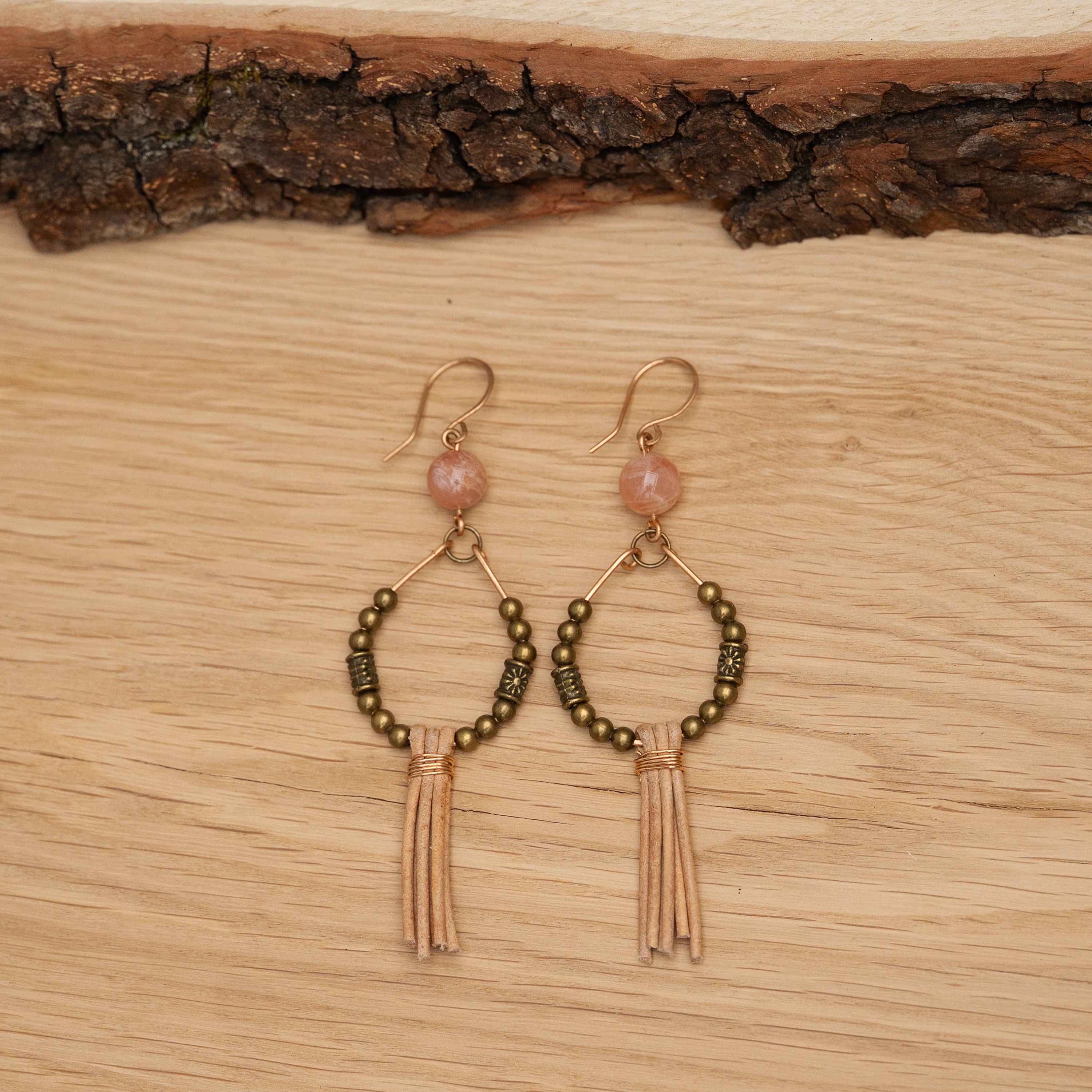 Orange Moonstone with Leather Fringe Earrings in Bronze