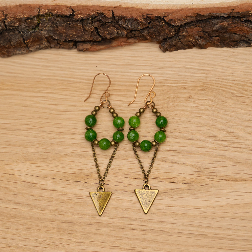 Peridot Dangle Earrings with Triangle Charm in Bronze