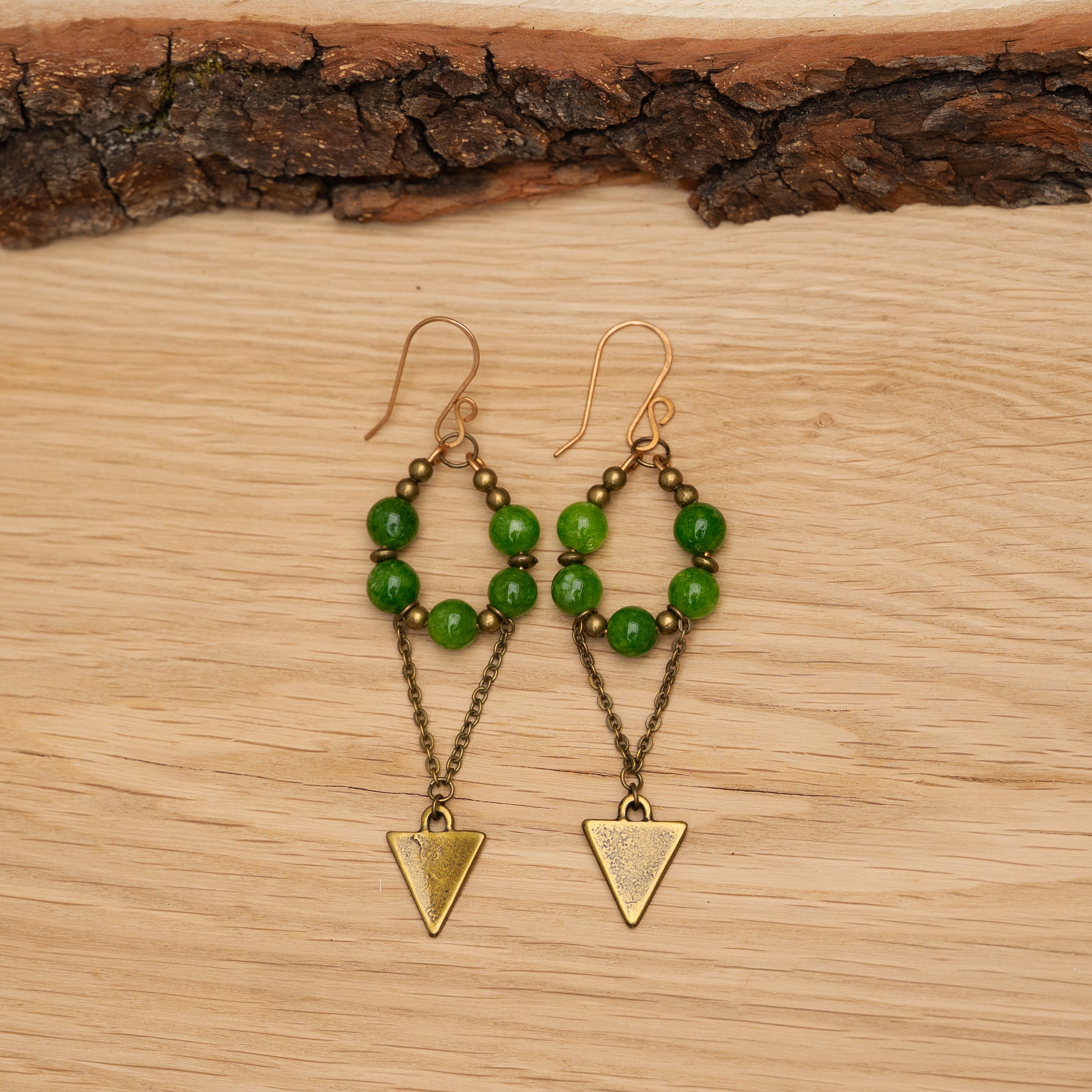 Peridot Dangle Earrings with Triangle Charm in Bronze