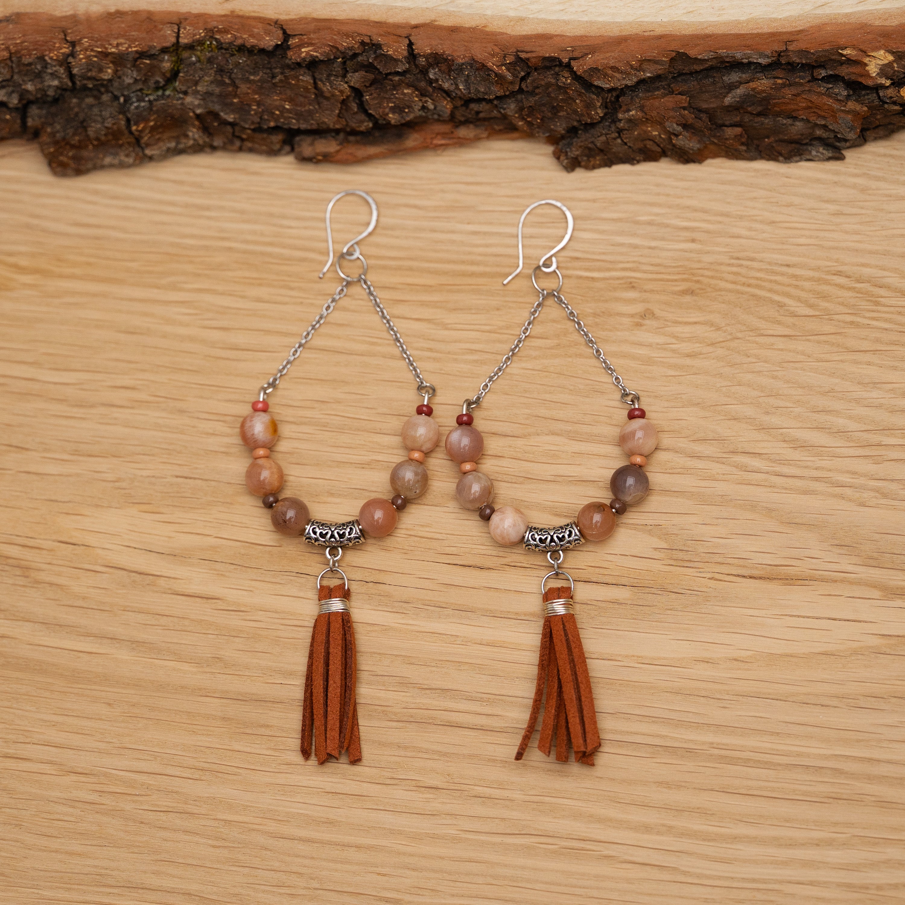 Orange Moonstone Tassel Earrings in Stainless Steel