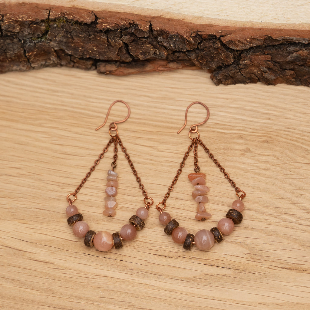 Orange Moonstone with Chain Earrings in Copper