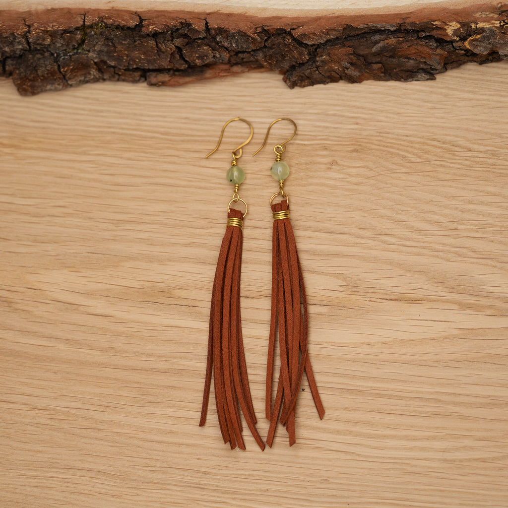 Prehnite Tassel Earrings in Brass and Suede