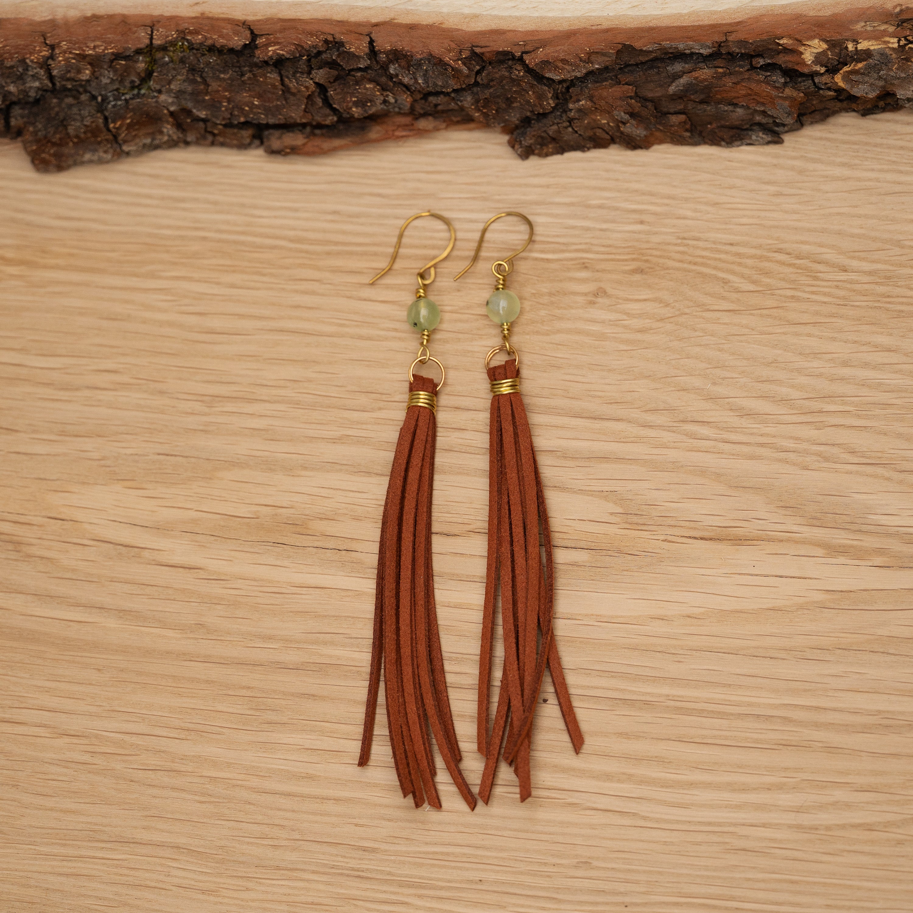 Prehnite Tassel Earrings in Brass and Suede