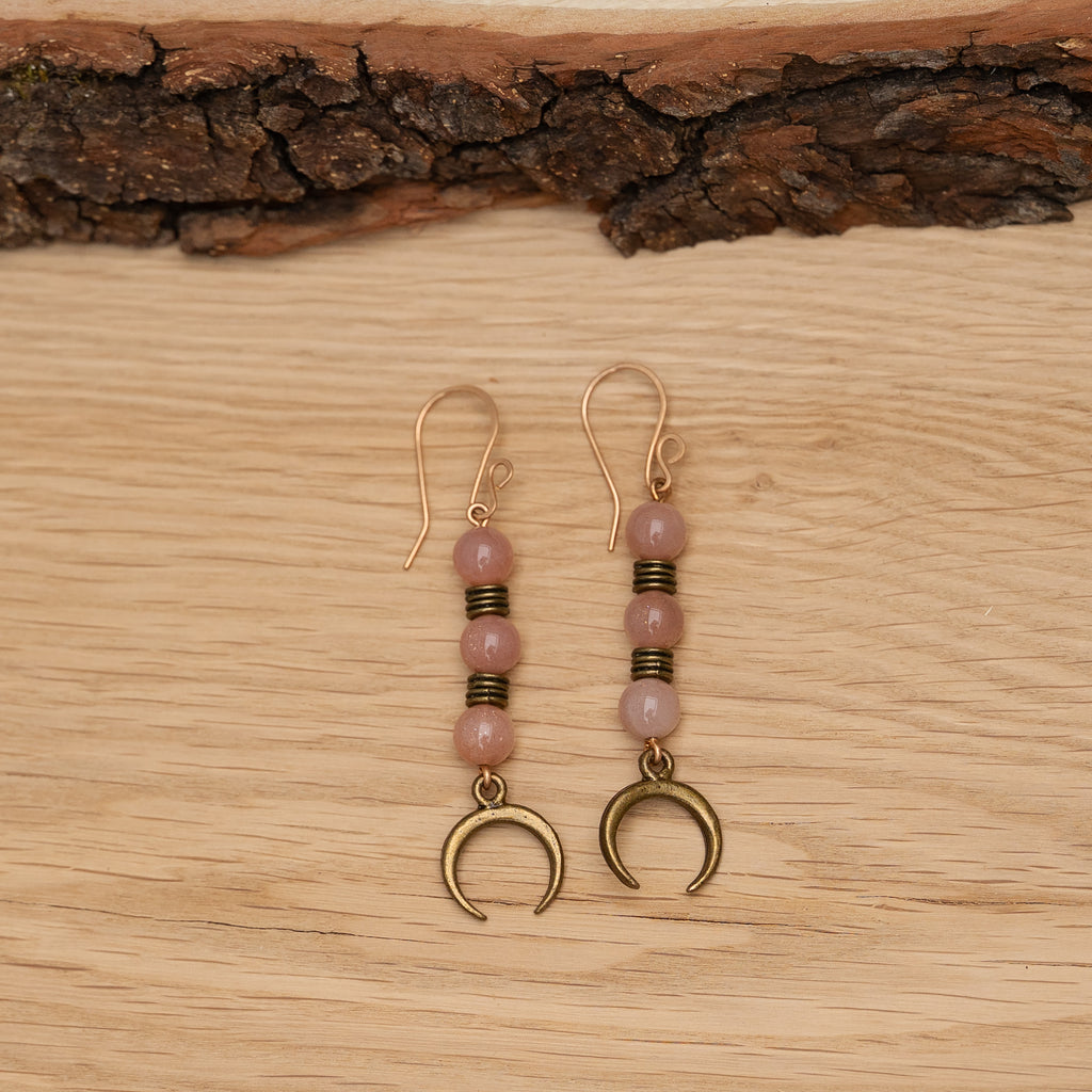 Orange Moonstone with Moon Charm Earrings in Bronze
