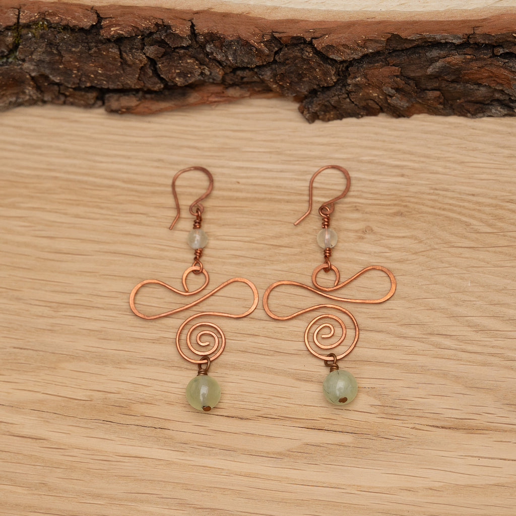 Prehnite Spiral Earrings in Copper