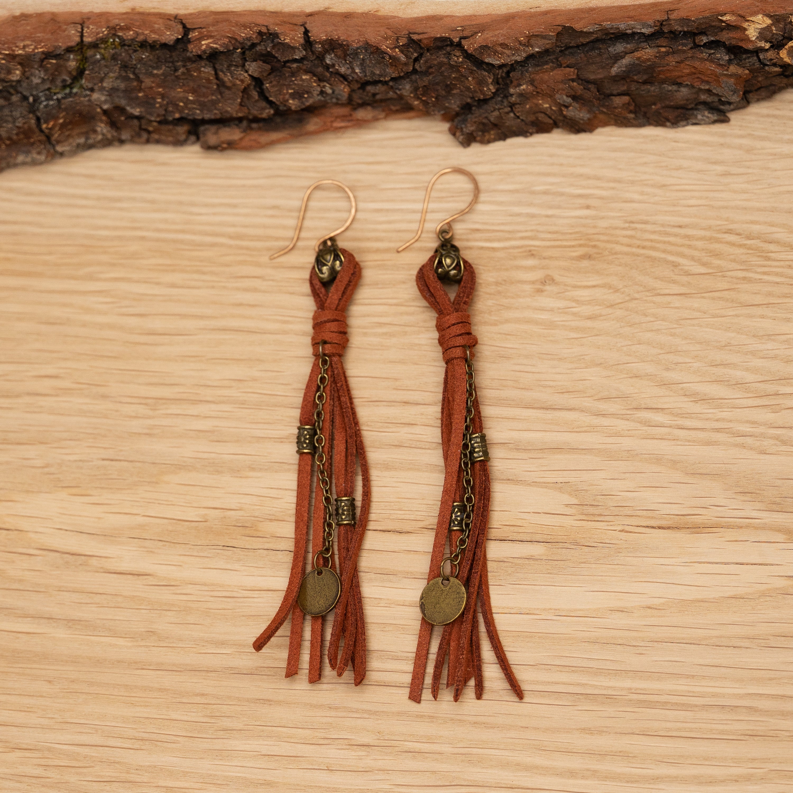 Suede Leather Tassel Earrings in Bronze