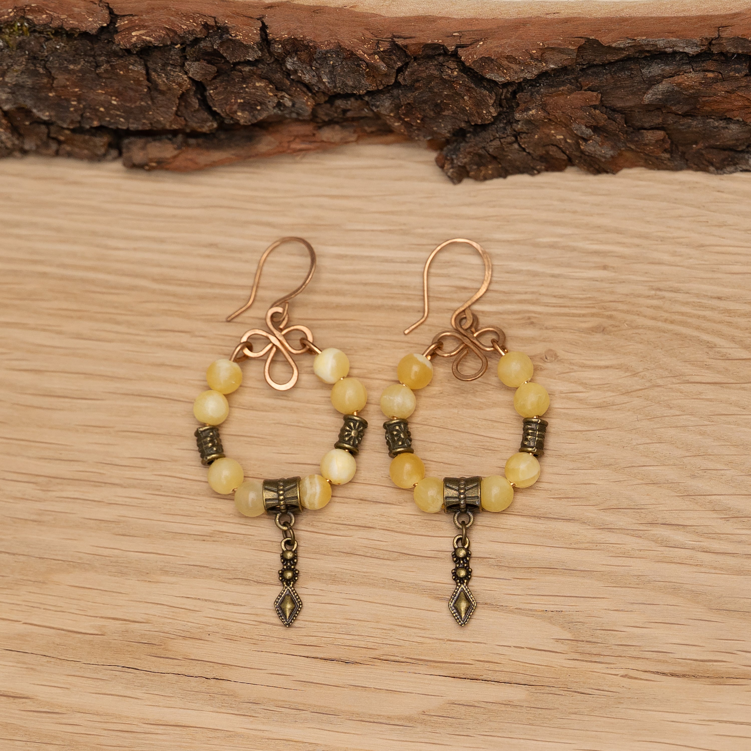 Yellow Calcite Charm Earrings in Bronze