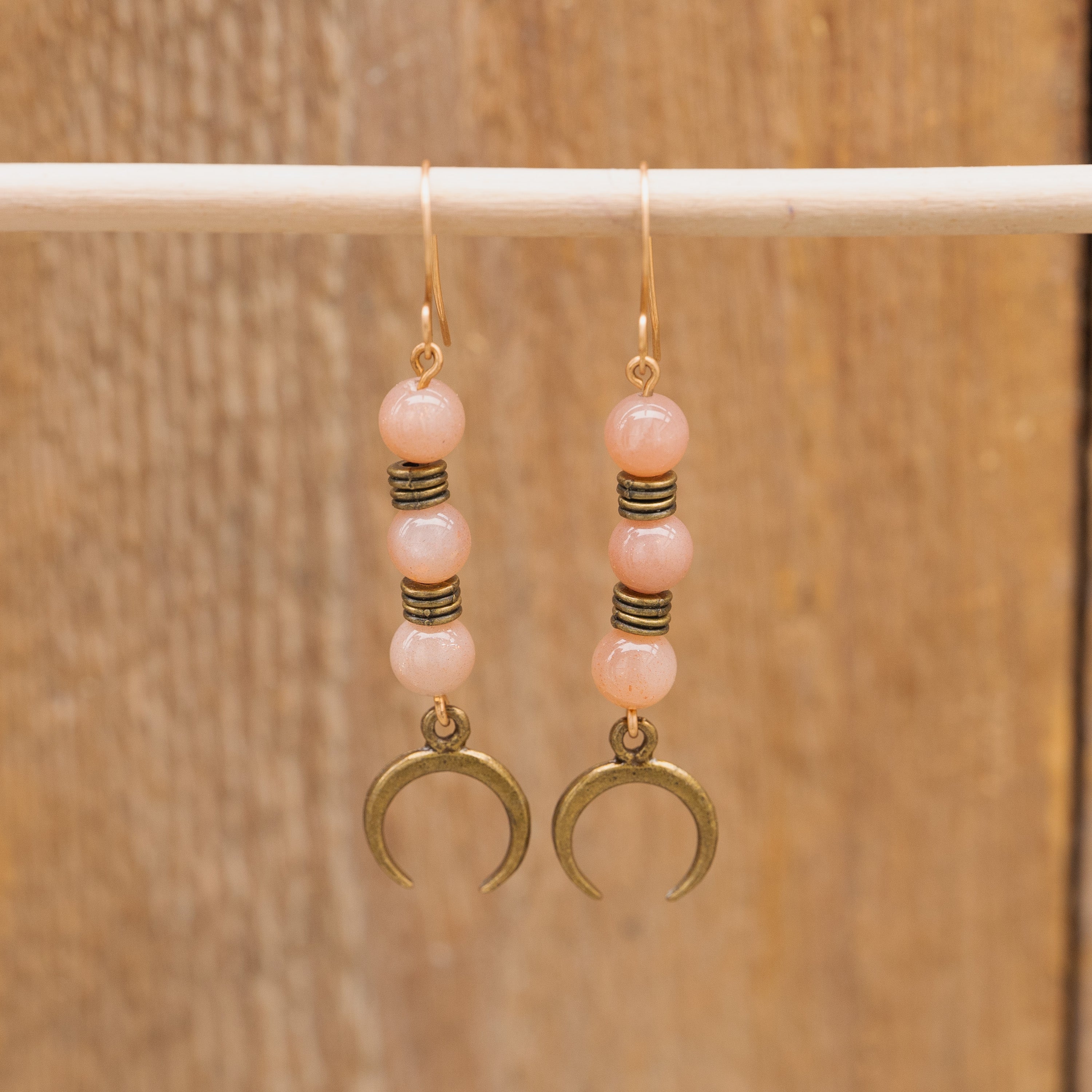 Orange Moonstone with Moon Charm Earrings in Bronze