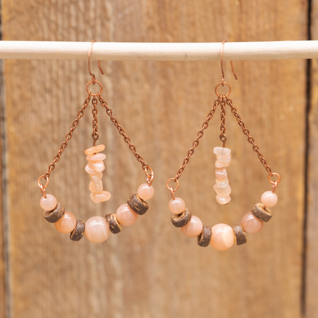 Orange Moonstone with Chain Earrings in Copper