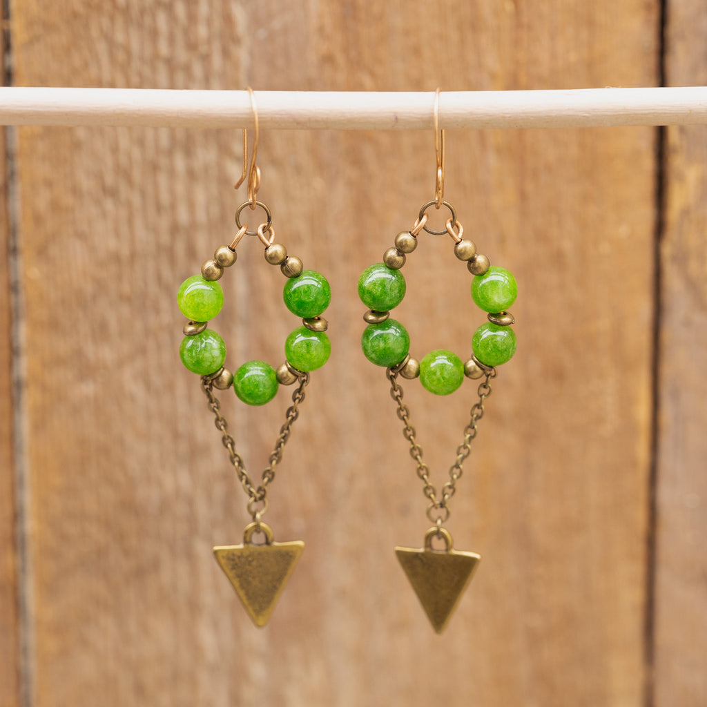 Peridot Dangle Earrings with Triangle Charm in Bronze