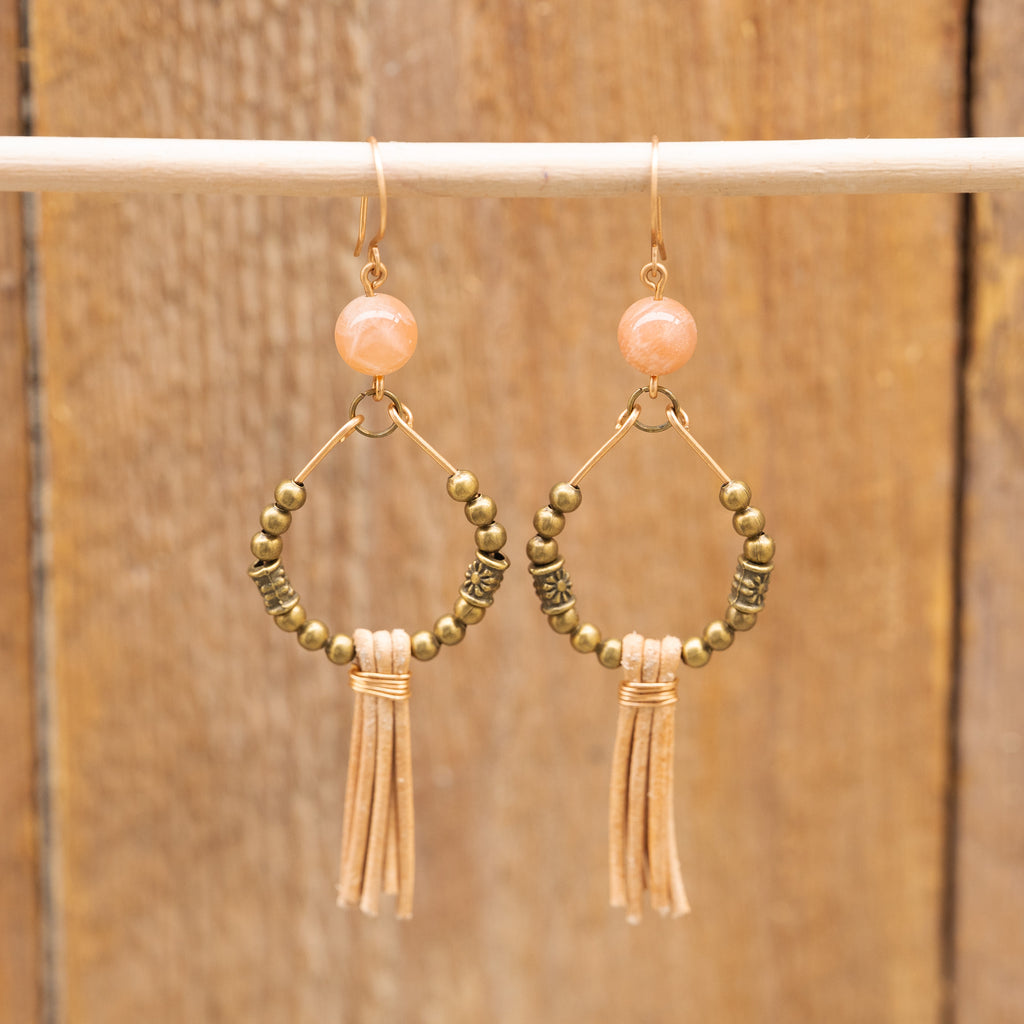 Orange Moonstone with Leather Fringe Earrings in Bronze