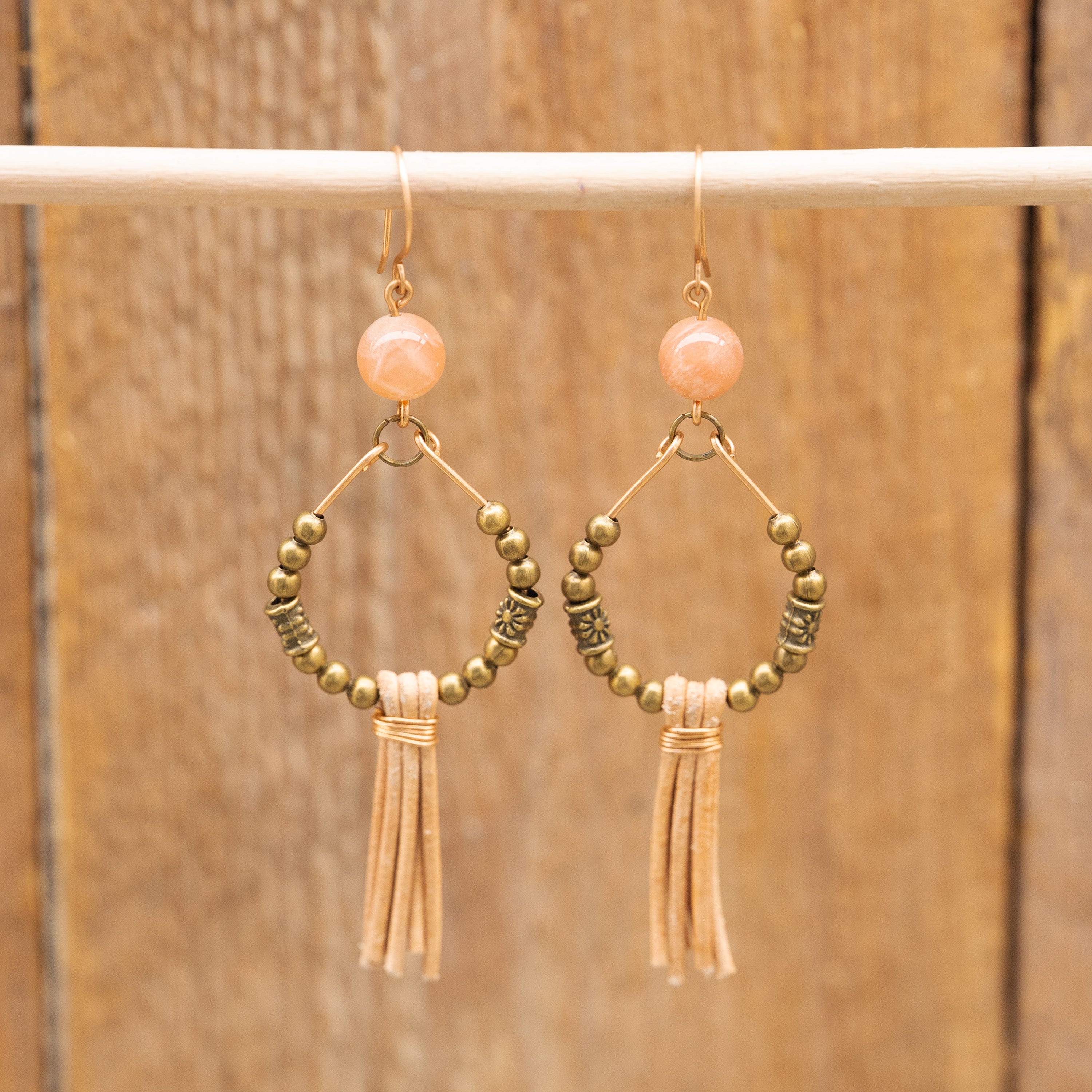 Orange Moonstone with Leather Fringe Earrings in Bronze