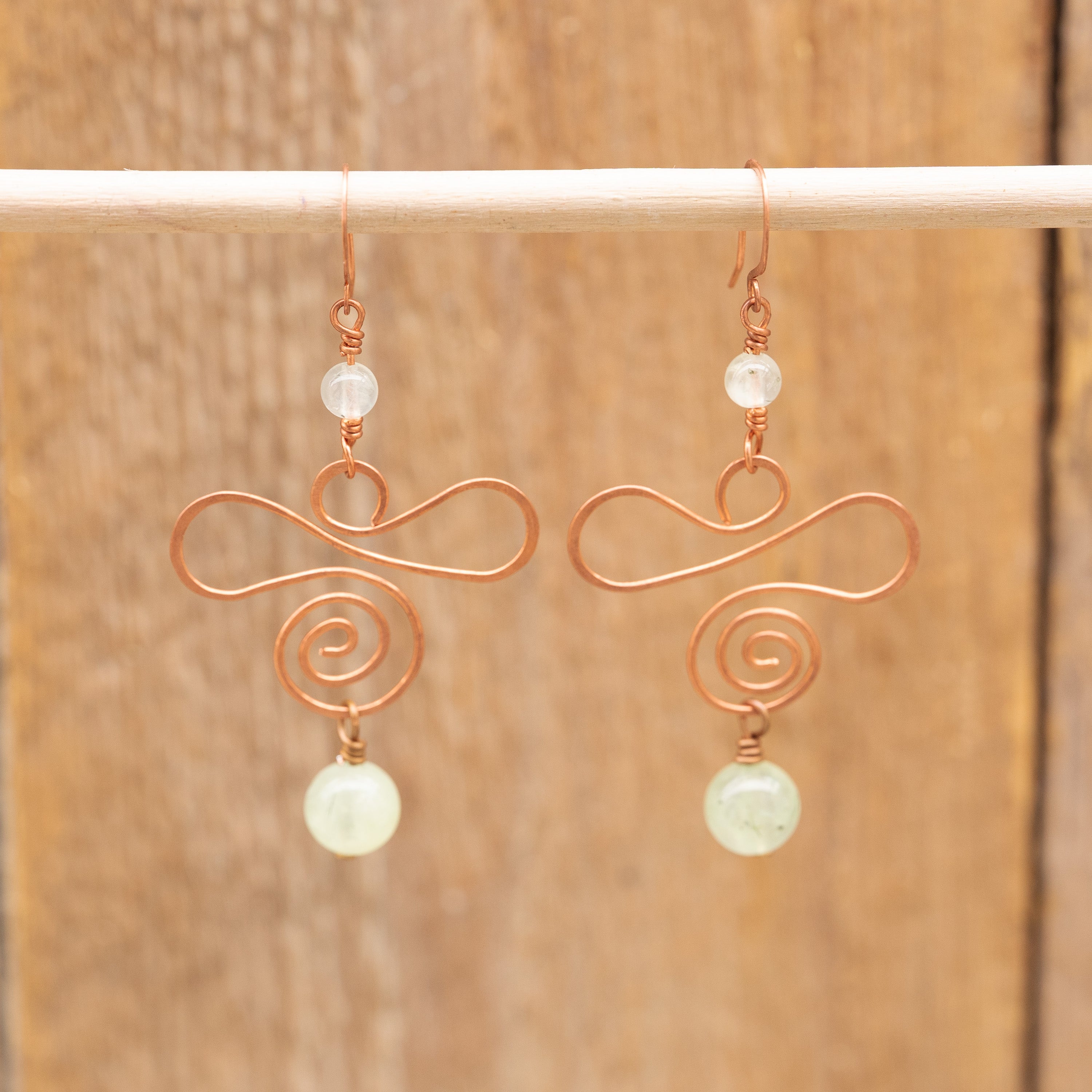 Prehnite Spiral Earrings in Copper
