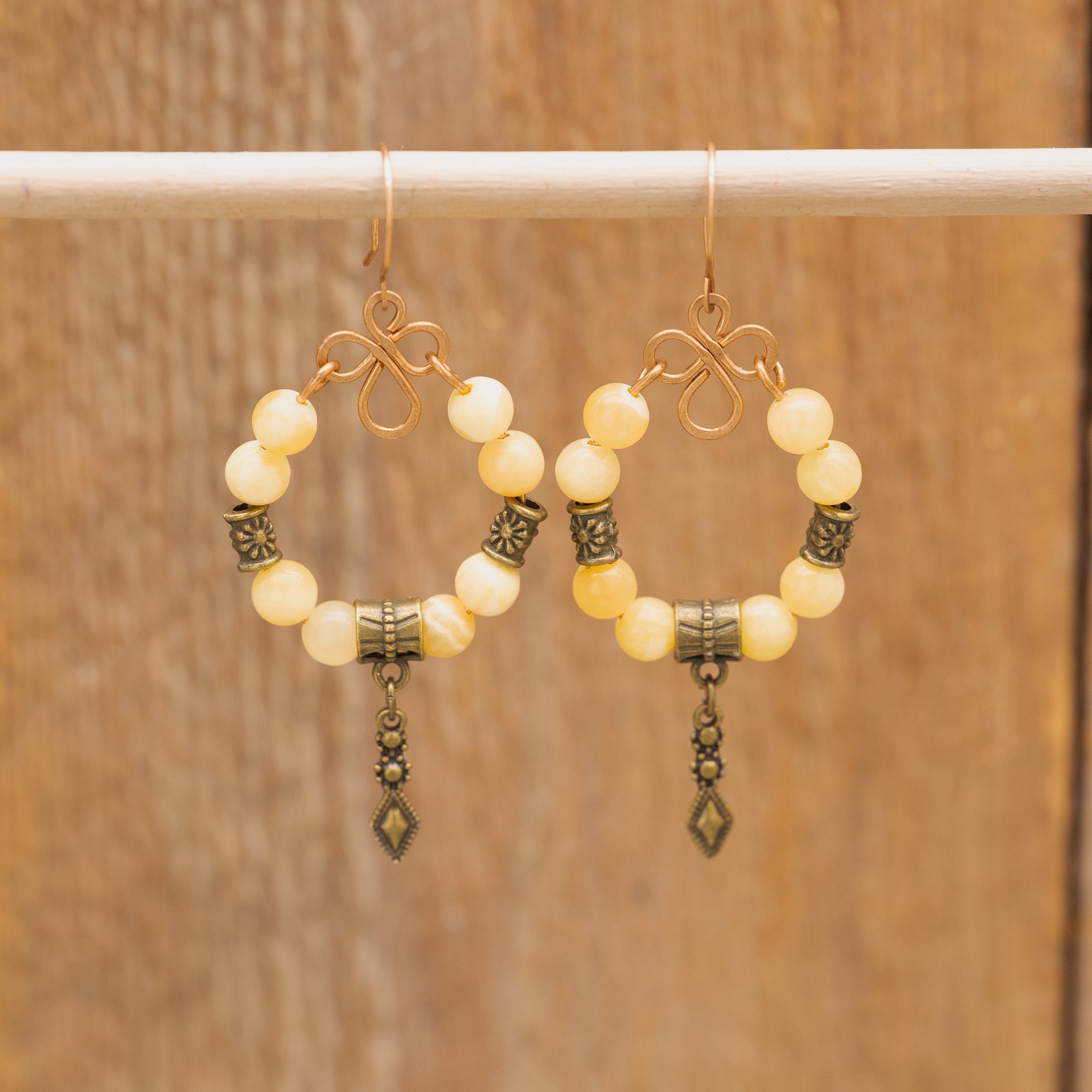 Yellow Calcite Charm Earrings in Bronze