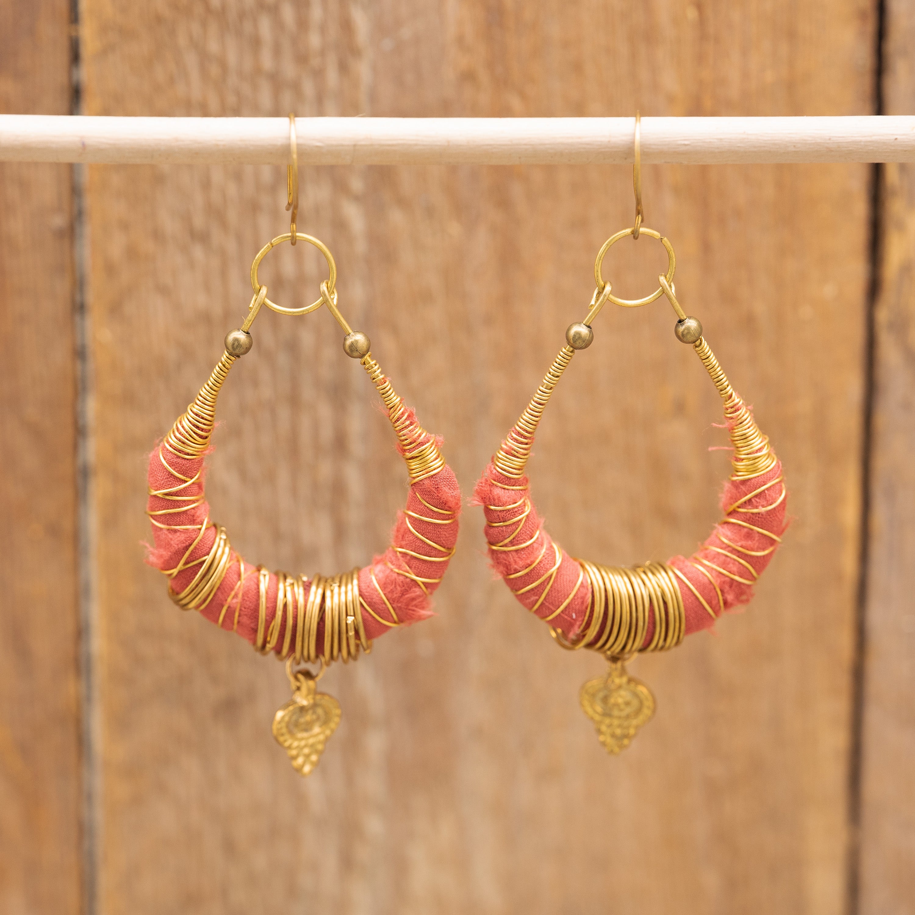 Wrapped Fabric Hoop Earrings in Brass