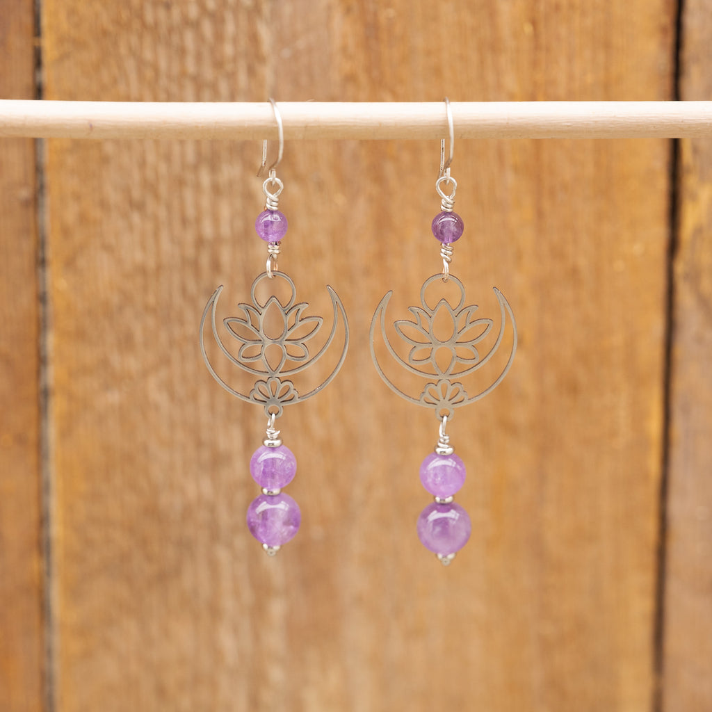 Amethyst Lotus Earrings in Stainless Steel